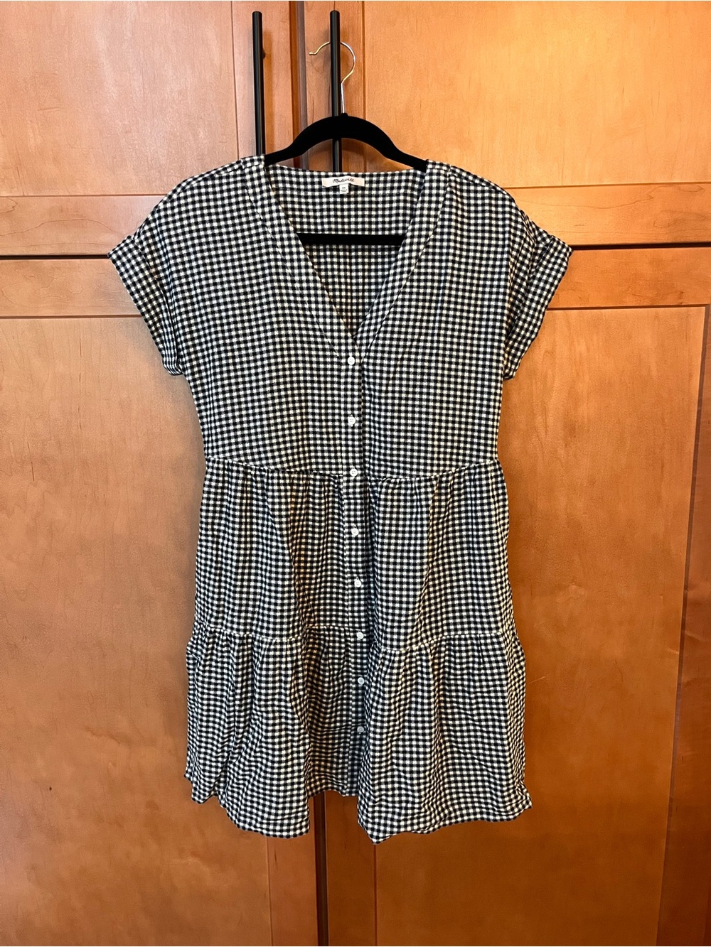 Madewell Babydoll Tiered Black & White Gingham Button-Front Dress